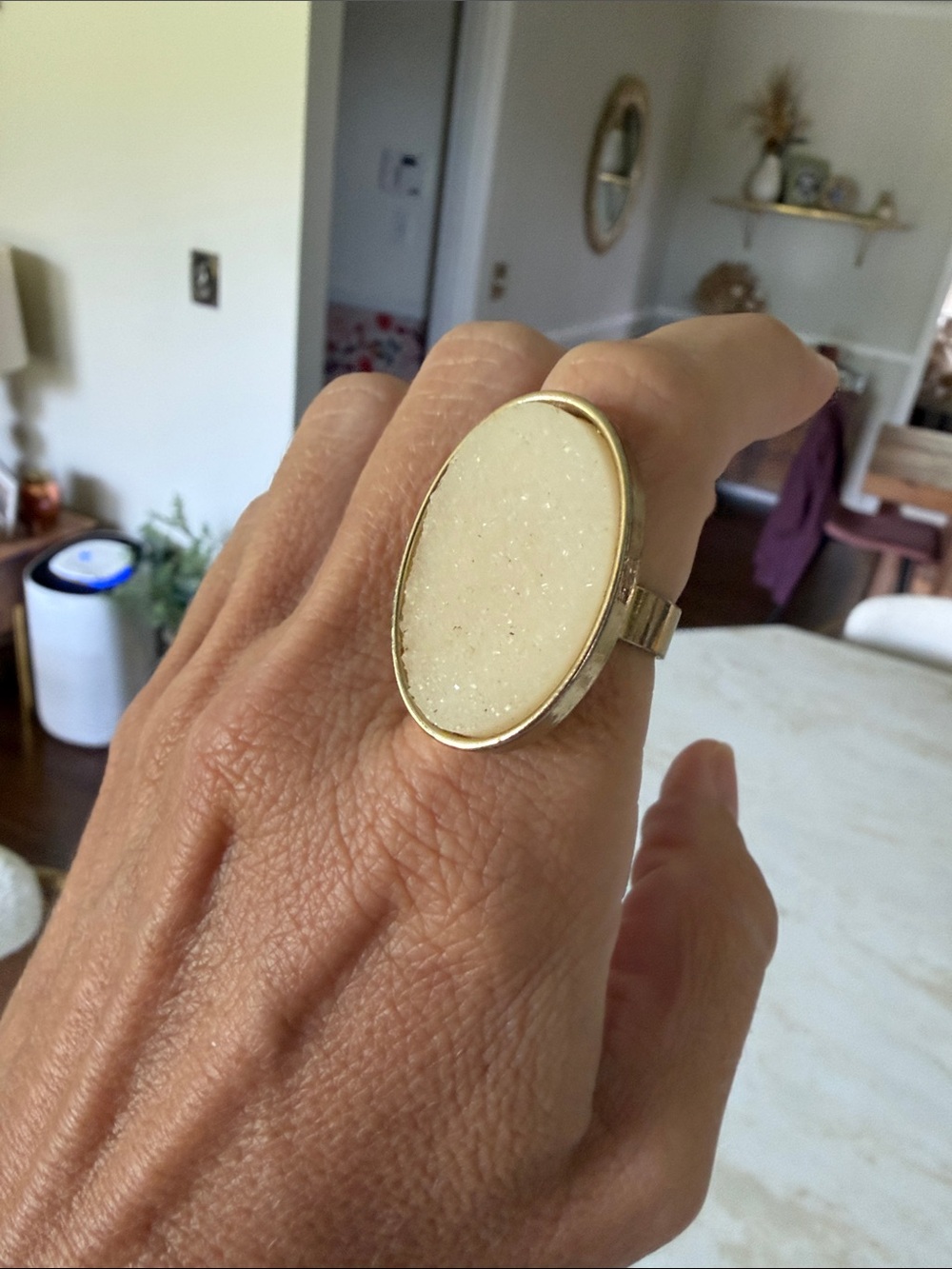 Gold Oval White Druzy Cocktail Ring - Women Jewelry